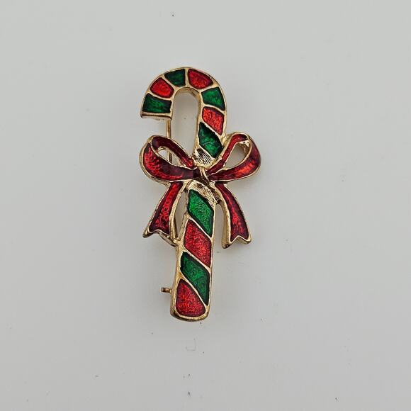 Candy Cane Brooch Pin Red Green Stripe Bow Metallic Enamel Christmas Holiday - Picture 1 of 3